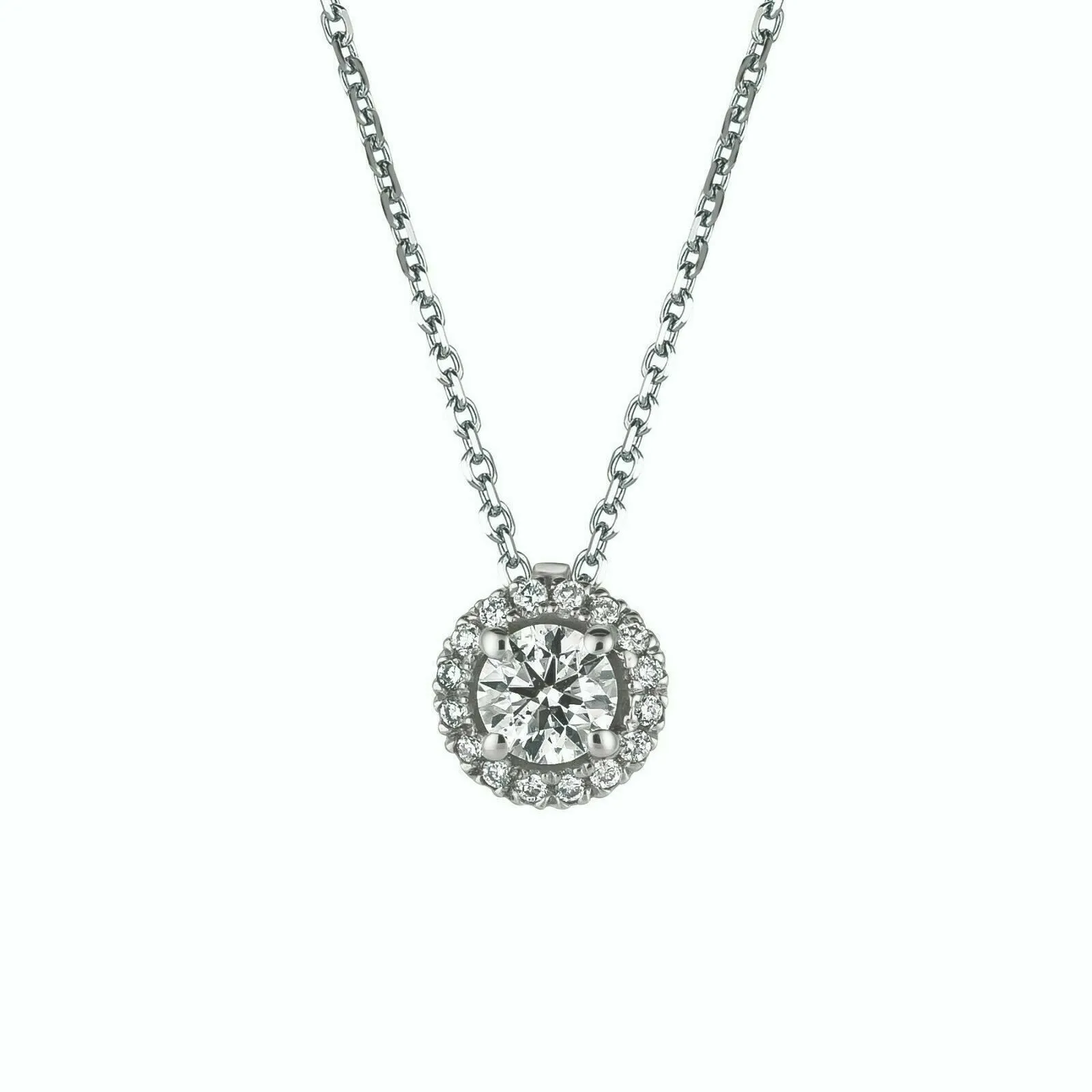 0.40 Carat Natural Diamond Halo Necklace 14K White Gold G SI 18 inches chain