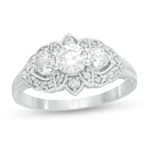1 Cttw Diamond Past Present Future Floral Frame Vintage-Style Engagement Ring in 14K White Gold (1 Cttw, Color : I, Clarity : I2)