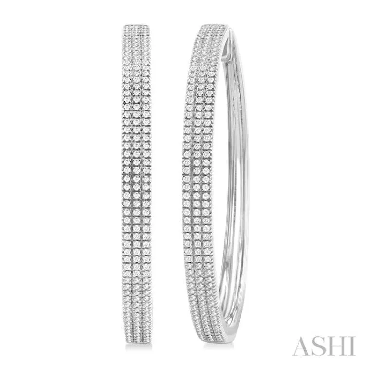 1 ctw Triple Row Pave Set Round Cut Diamond Fashion Hoop Earring in 14K White Gold