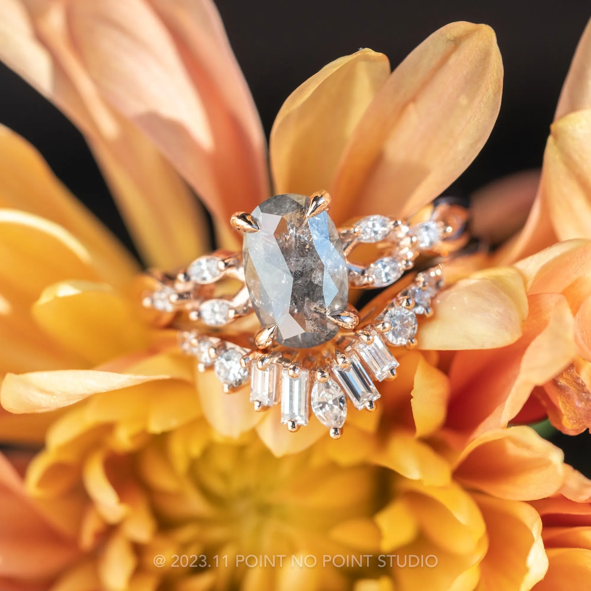 1.07 Carat Salt and Pepper Oval Diamond Engagement Ring, Winona Setting, 14K Rose Gold