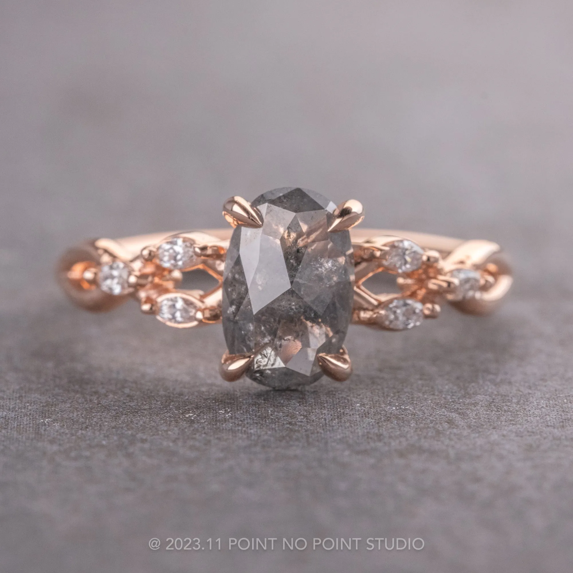 1.07 Carat Salt and Pepper Oval Diamond Engagement Ring, Winona Setting, 14K Rose Gold