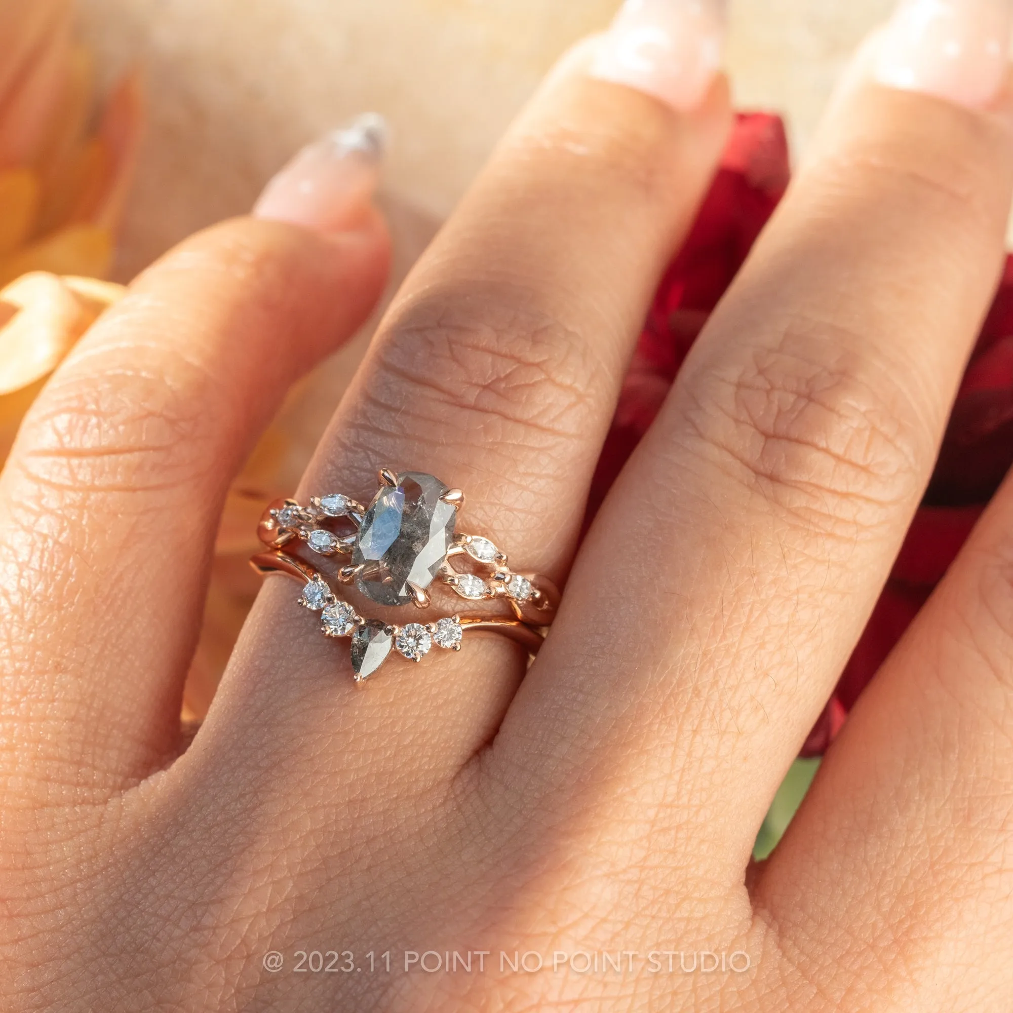 1.07 Carat Salt and Pepper Oval Diamond Engagement Ring, Winona Setting, 14K Rose Gold