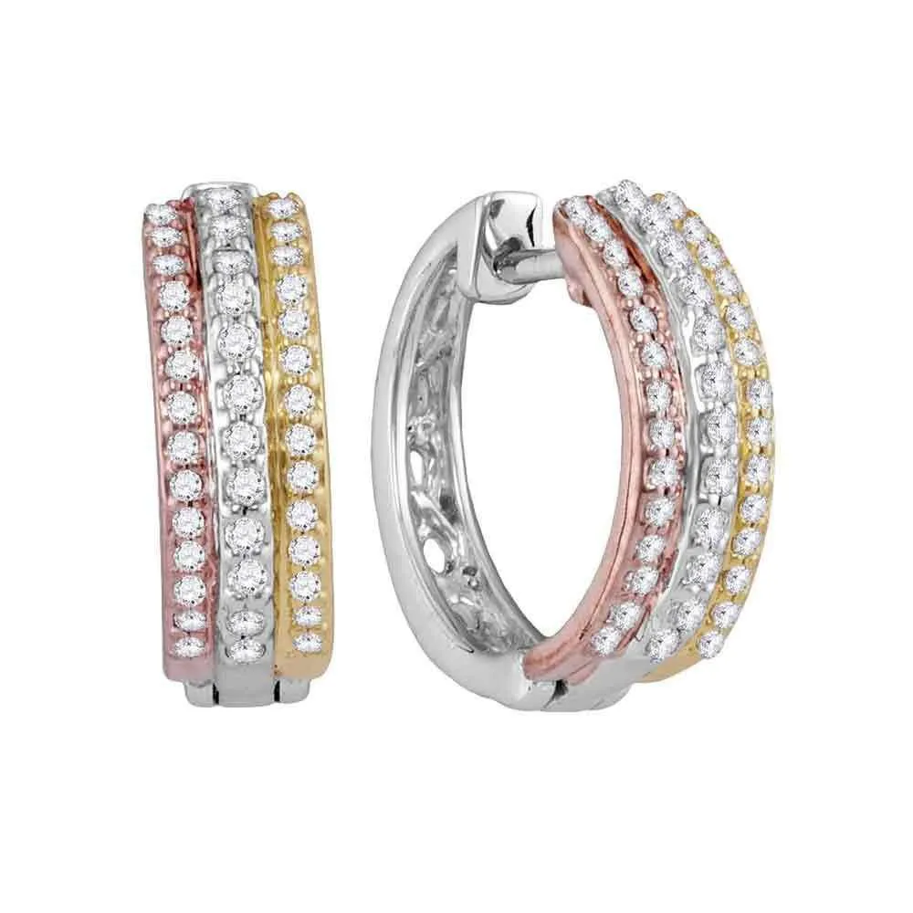 10K Tri-Tone Gold Round Diamond Hoop Earrings 1/4 Cttw