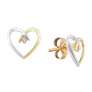 10K Yellow Gold 2-tone Round Diamond Heart Stud Earrings .02 Cttw