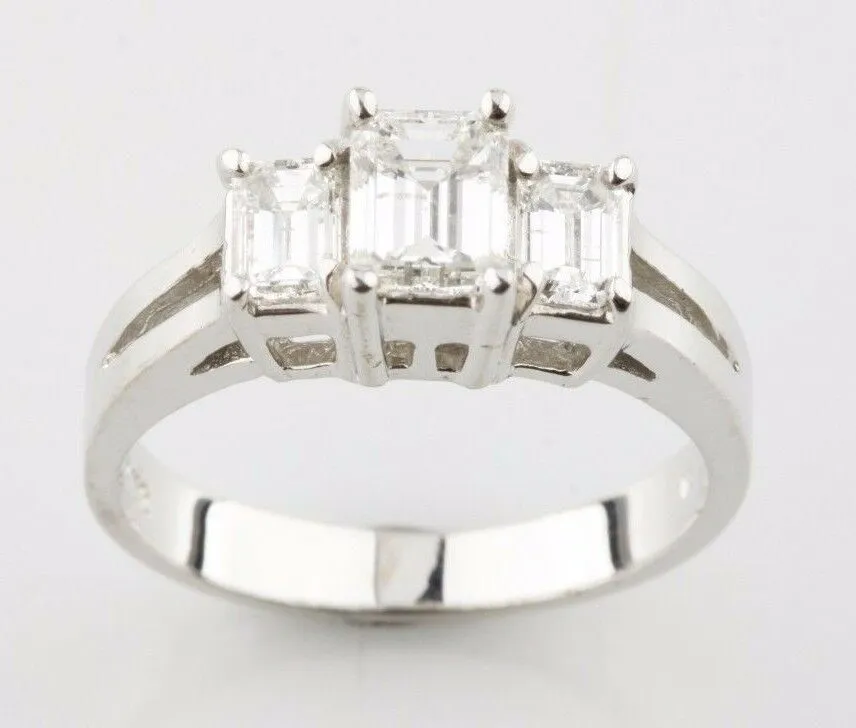 1.17 carat Emerald Cut Diamond 18k White Gold Three-Stone Engagement Ring Sz 5.5