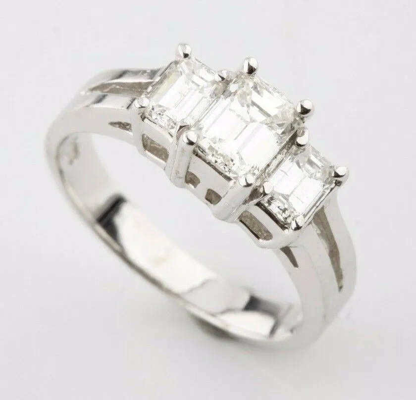 1.17 carat Emerald Cut Diamond 18k White Gold Three-Stone Engagement Ring Sz 5.5
