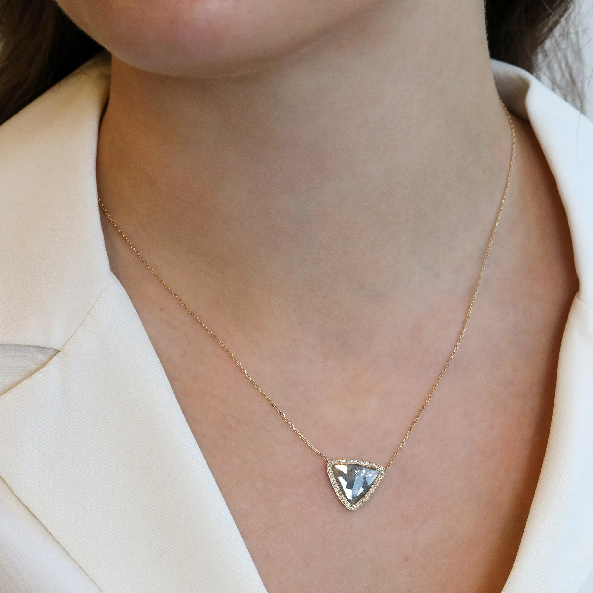 14 Karat Yellow Gold "Stella" Triangular Grey Diamond Slice Necklace with Pave Diamond Halo