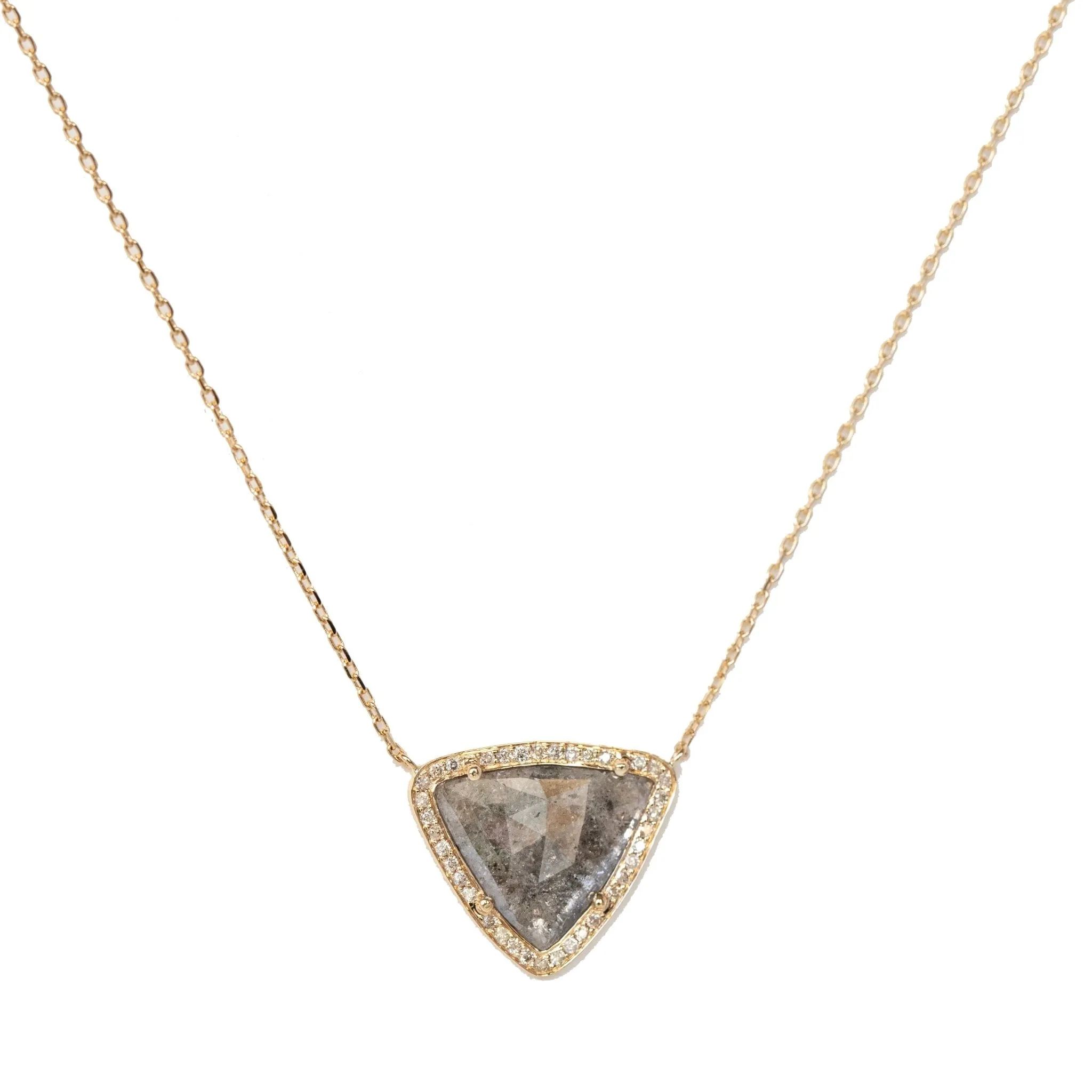 14 Karat Yellow Gold "Stella" Triangular Grey Diamond Slice Necklace with Pave Diamond Halo