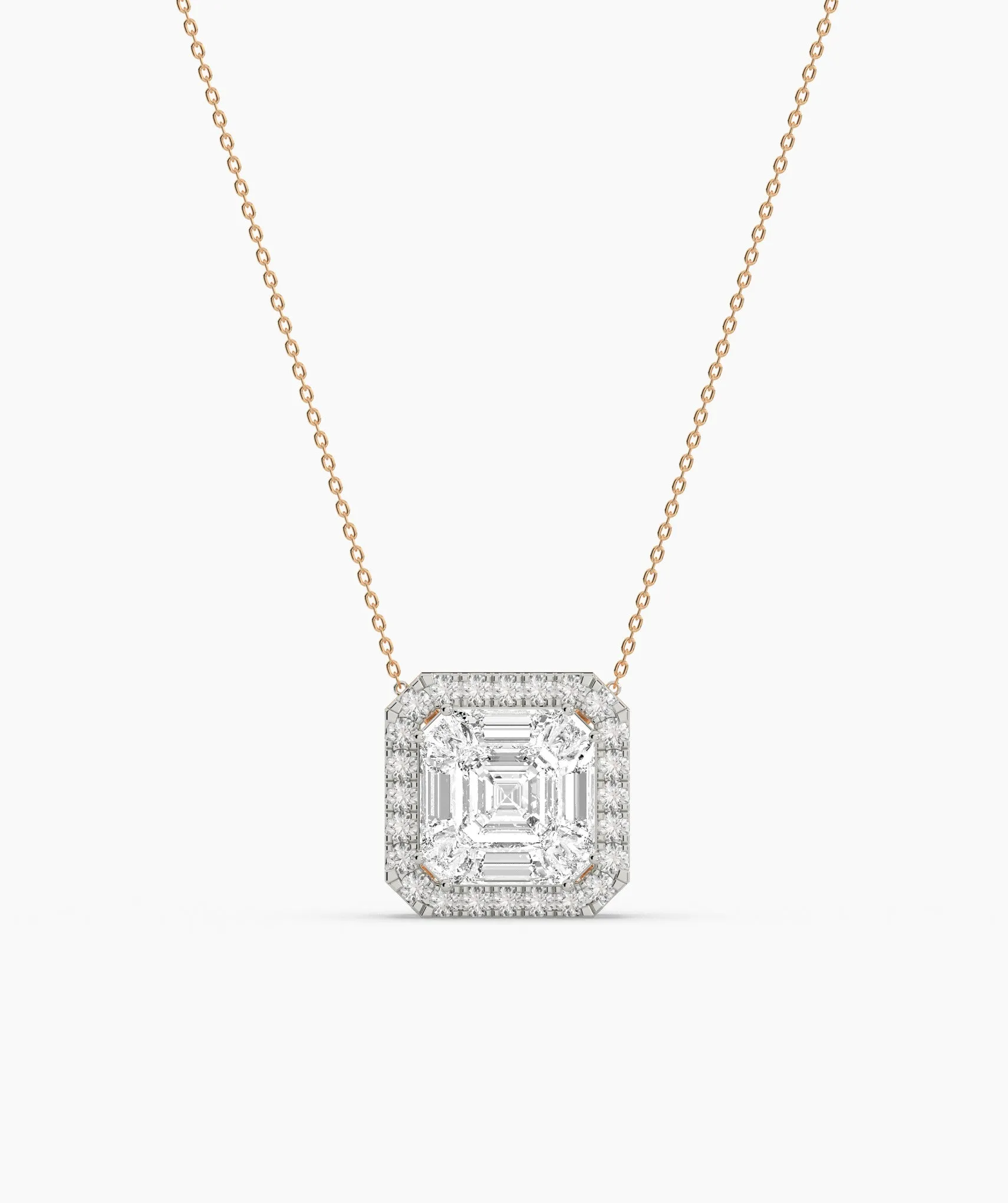 14K Gold Asscher Diamond Halo Pendant
