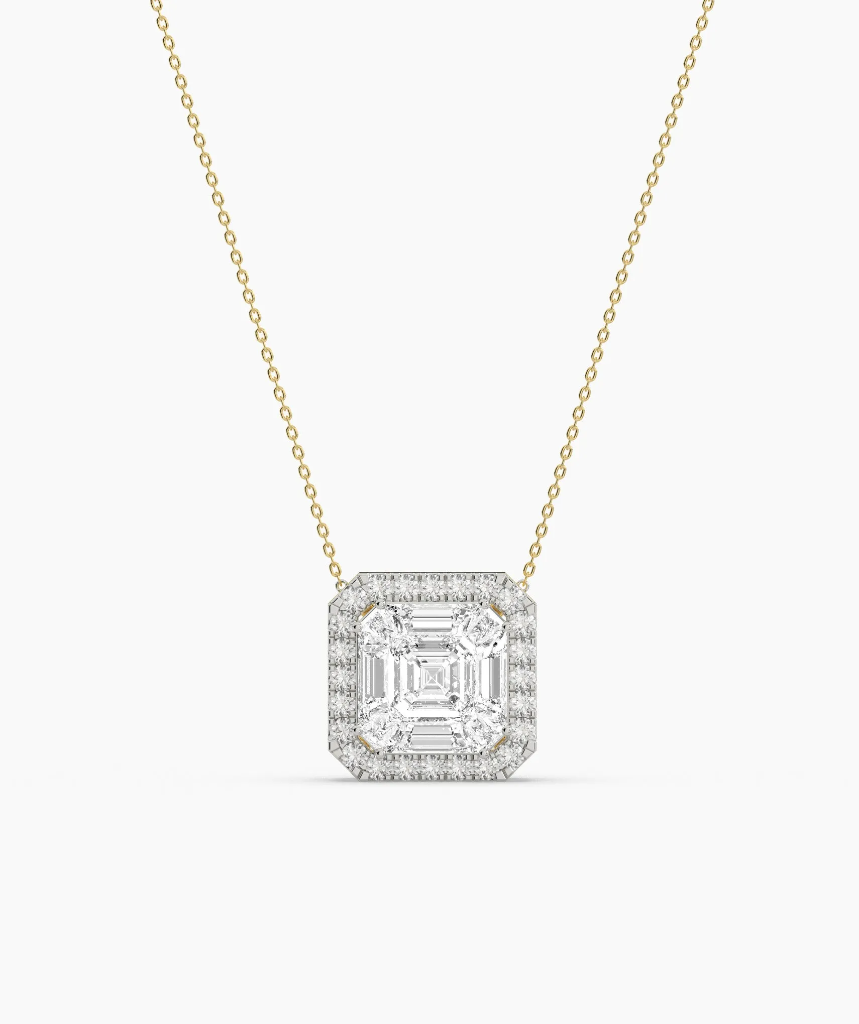 14K Gold Asscher Diamond Halo Pendant