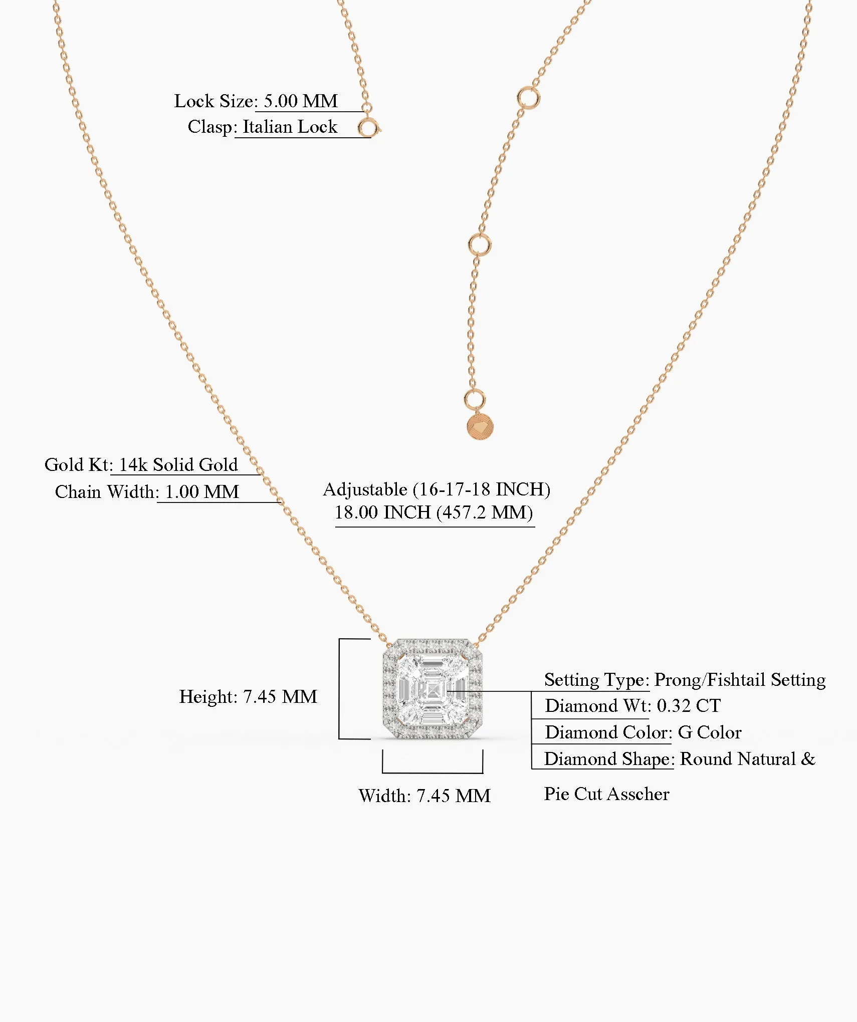 14K Gold Asscher Diamond Halo Pendant