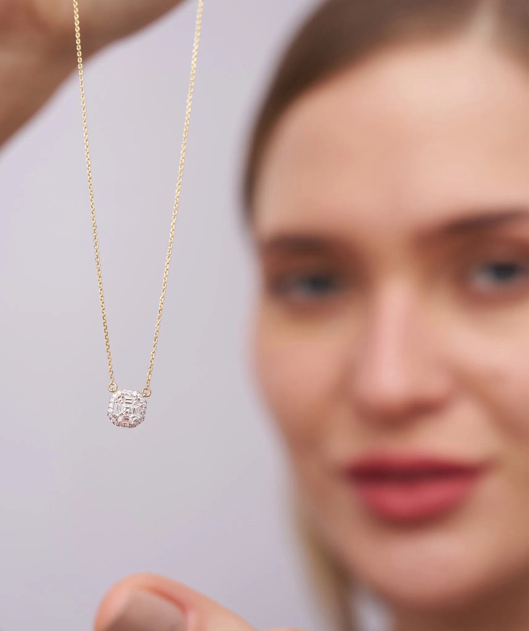 14K Gold Asscher Diamond Halo Pendant