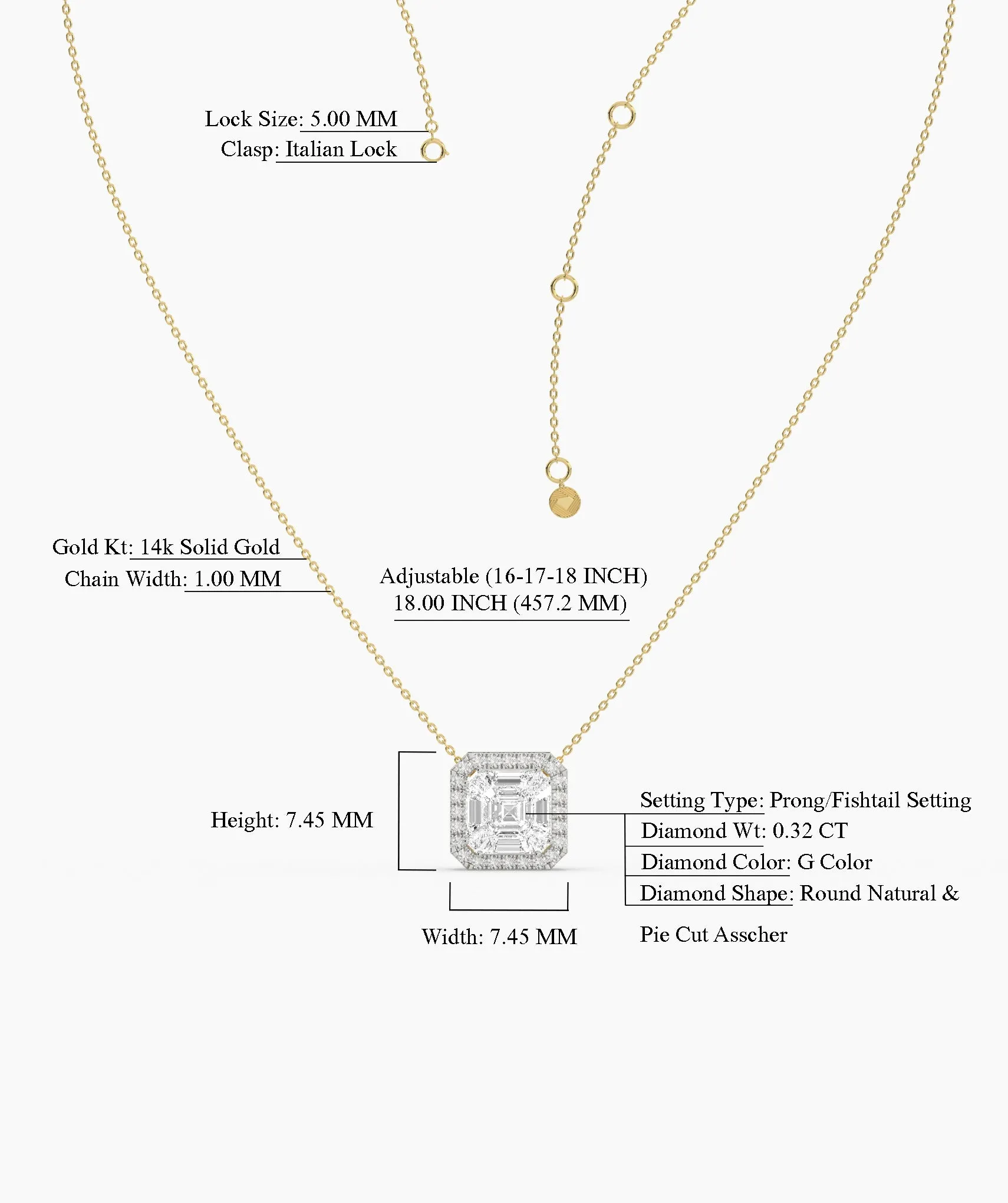 14K Gold Asscher Diamond Halo Pendant