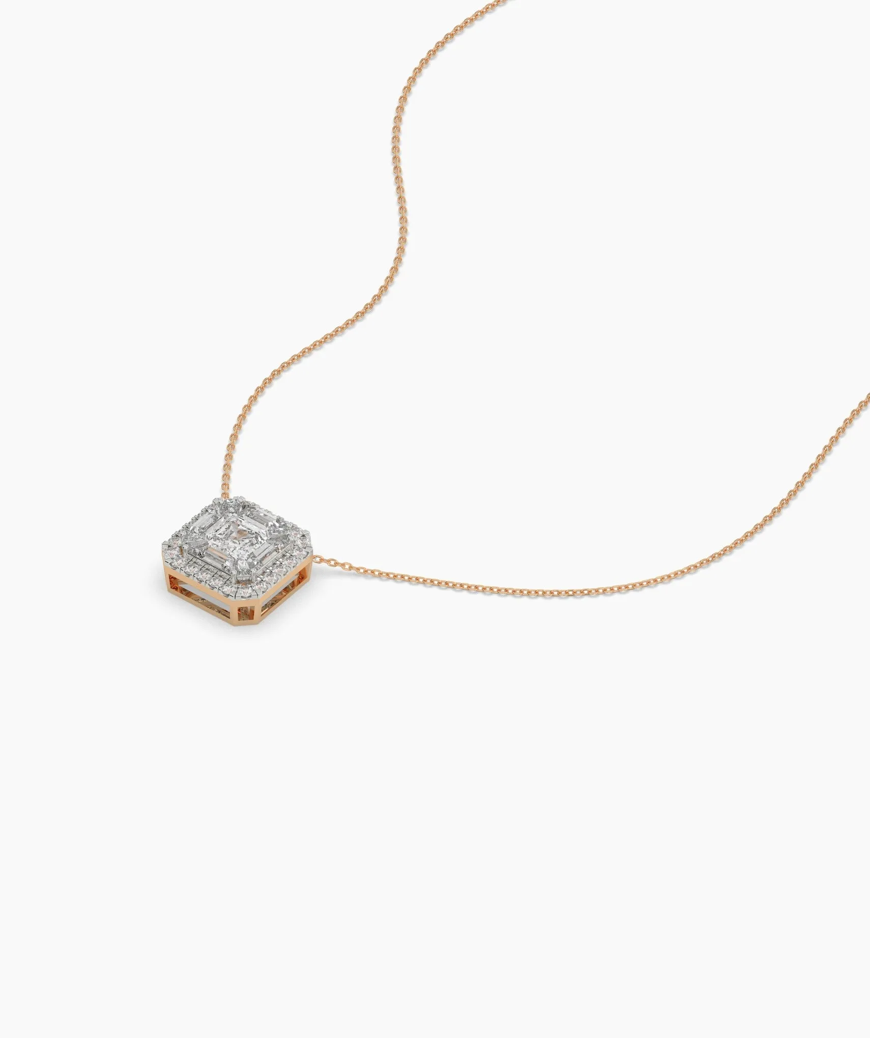 14K Gold Asscher Diamond Halo Pendant