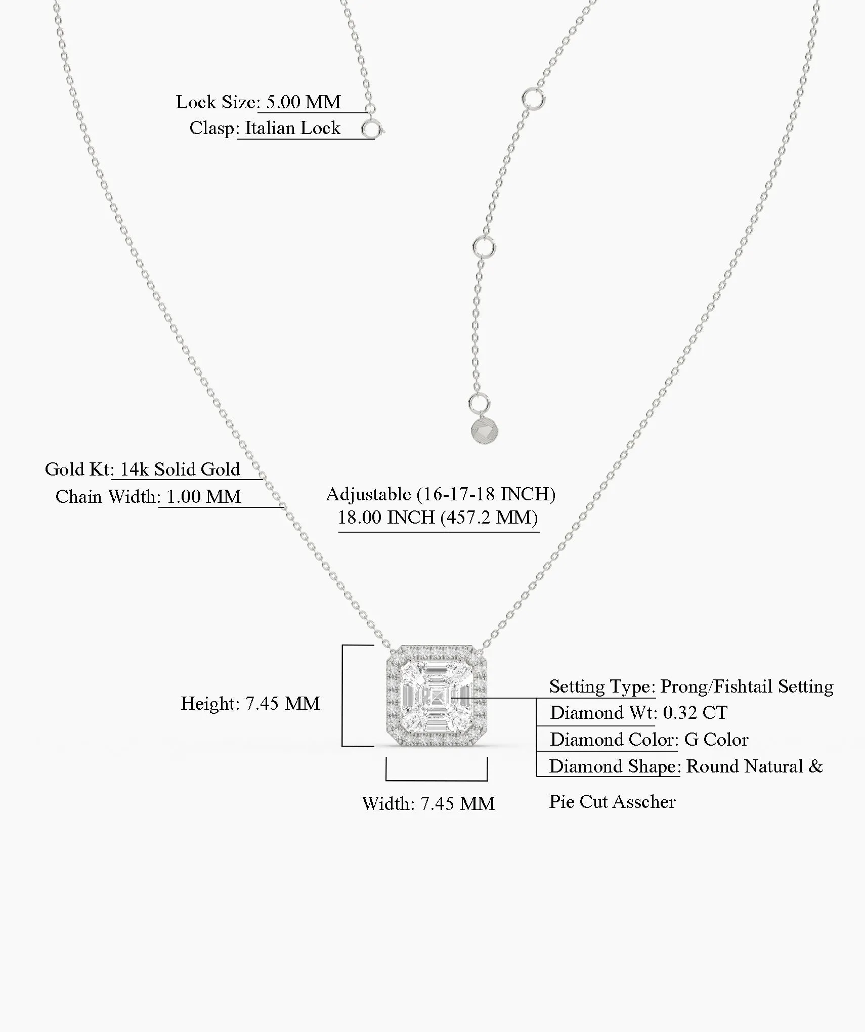 14K Gold Asscher Diamond Halo Pendant