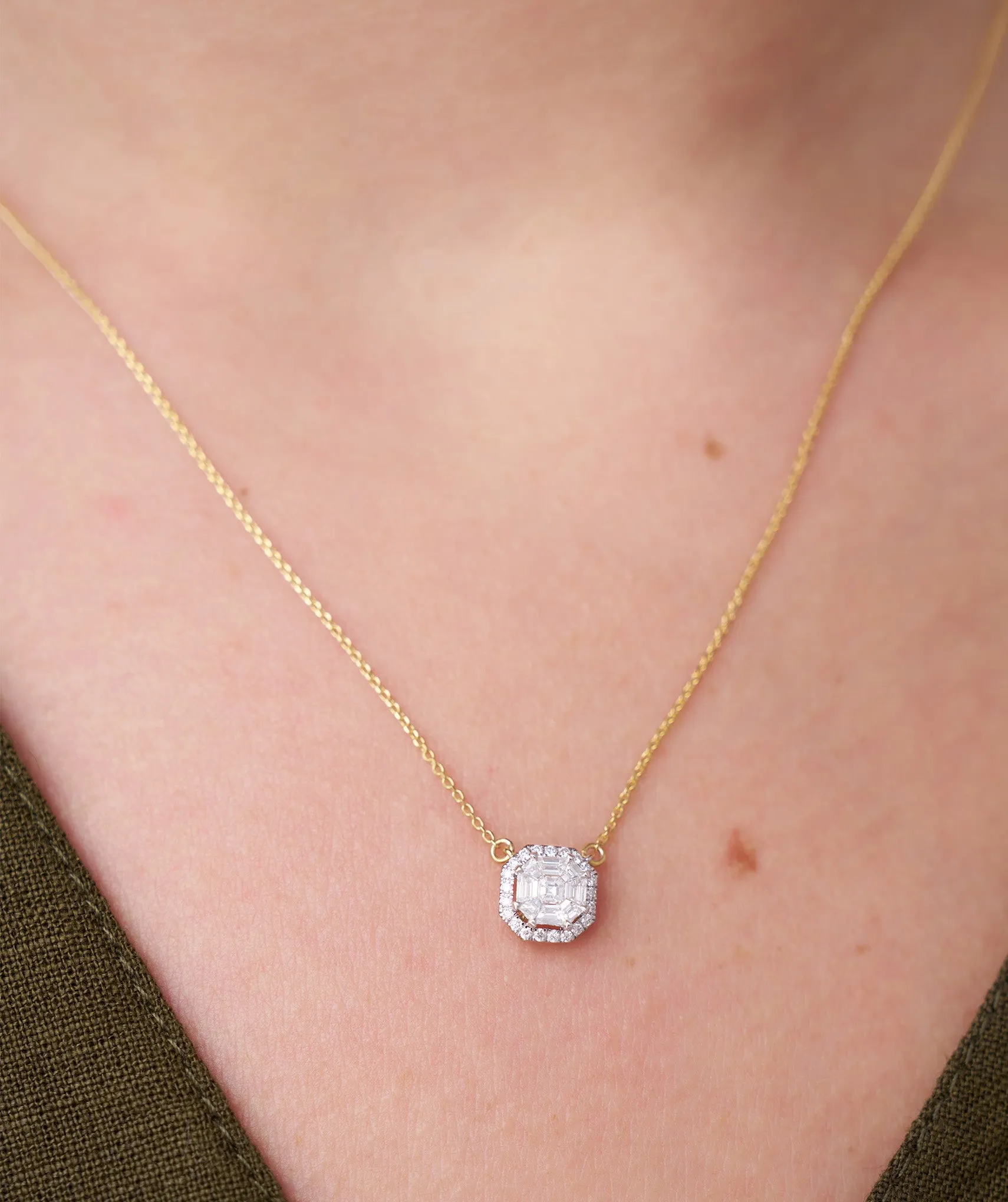 14K Gold Asscher Diamond Halo Pendant