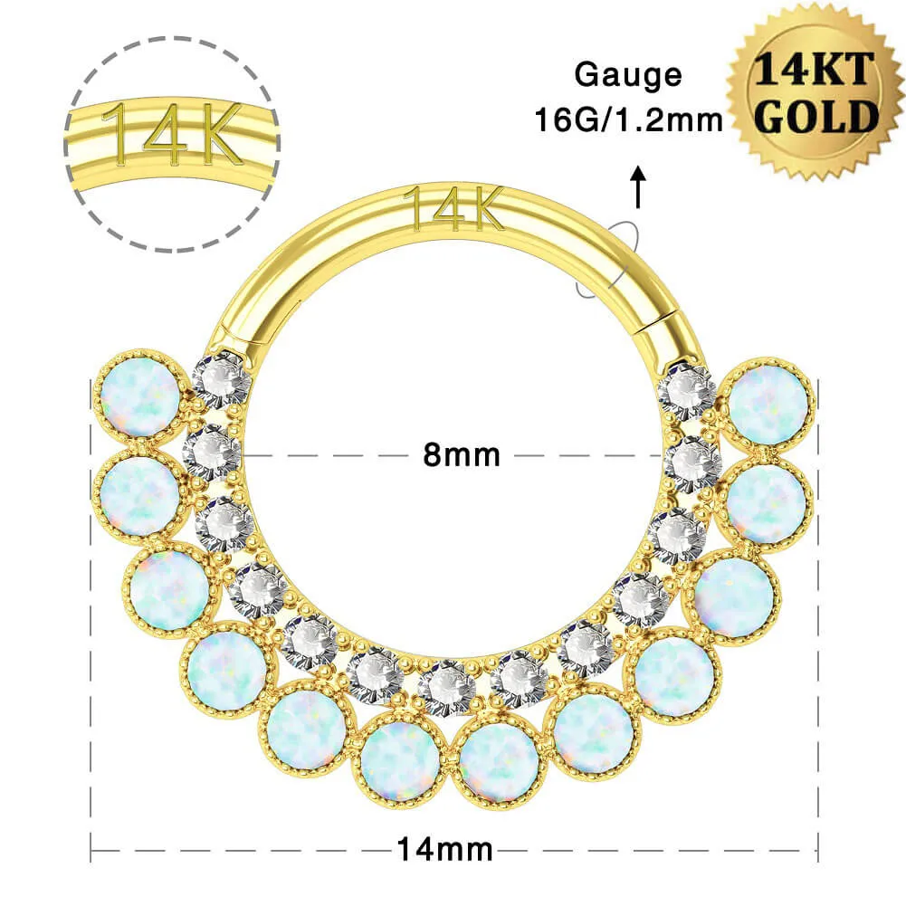 14K Gold CZ Opal Clicker Daith Hoop 16G Septum Hoop