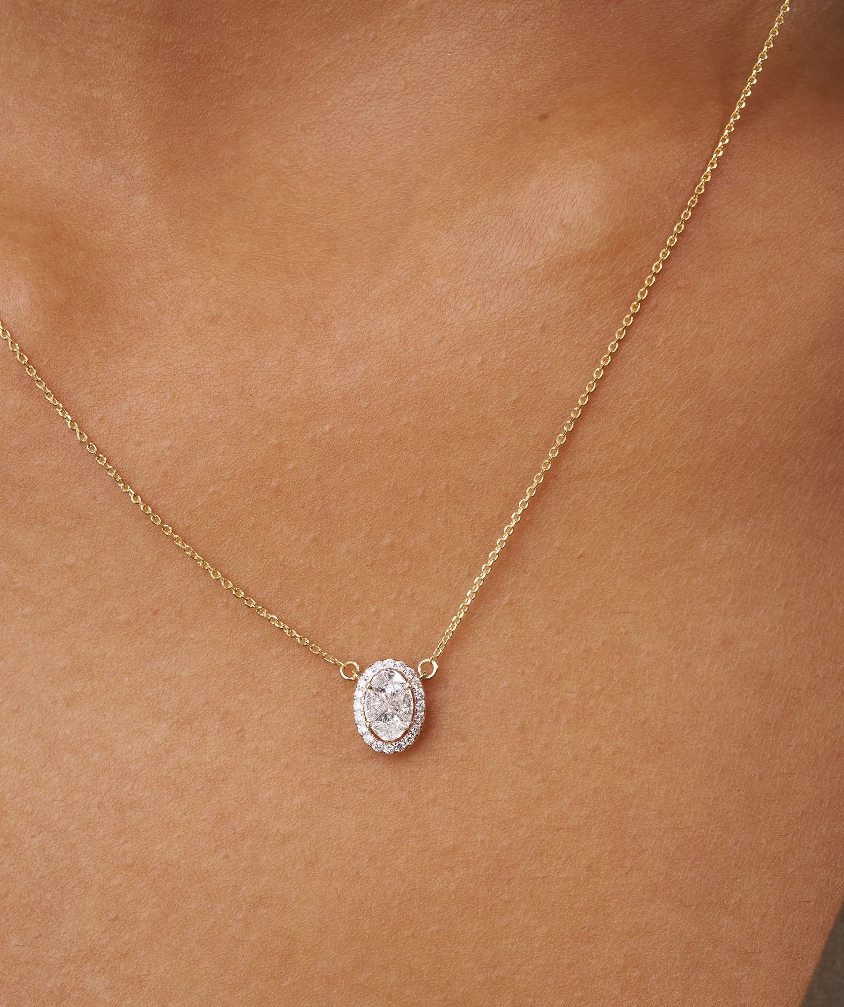14K Gold Diamond Oval Halo Necklace