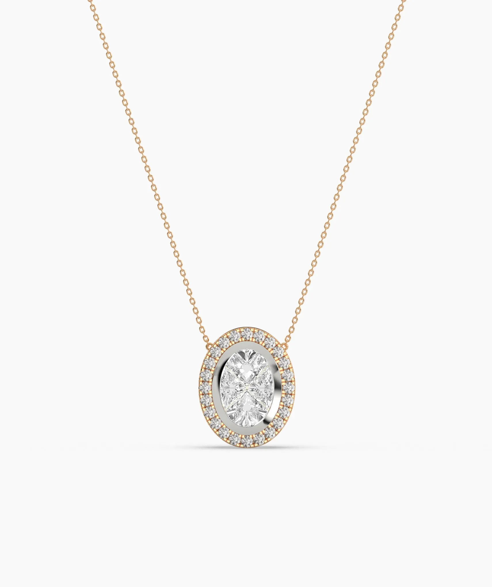 14K Gold Diamond Oval Halo Necklace