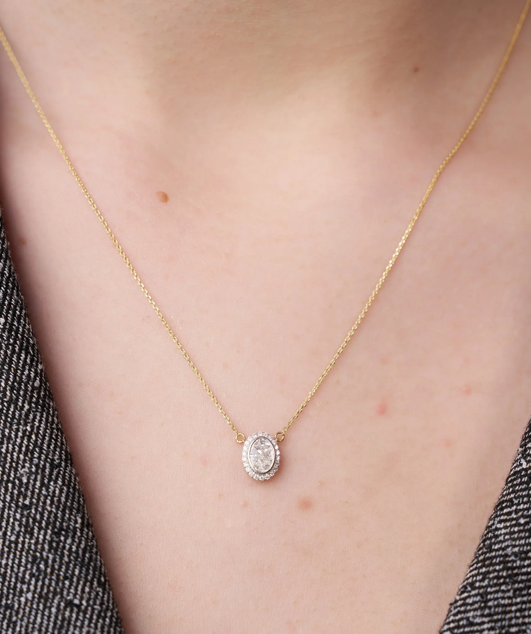 14K Gold Diamond Oval Halo Necklace