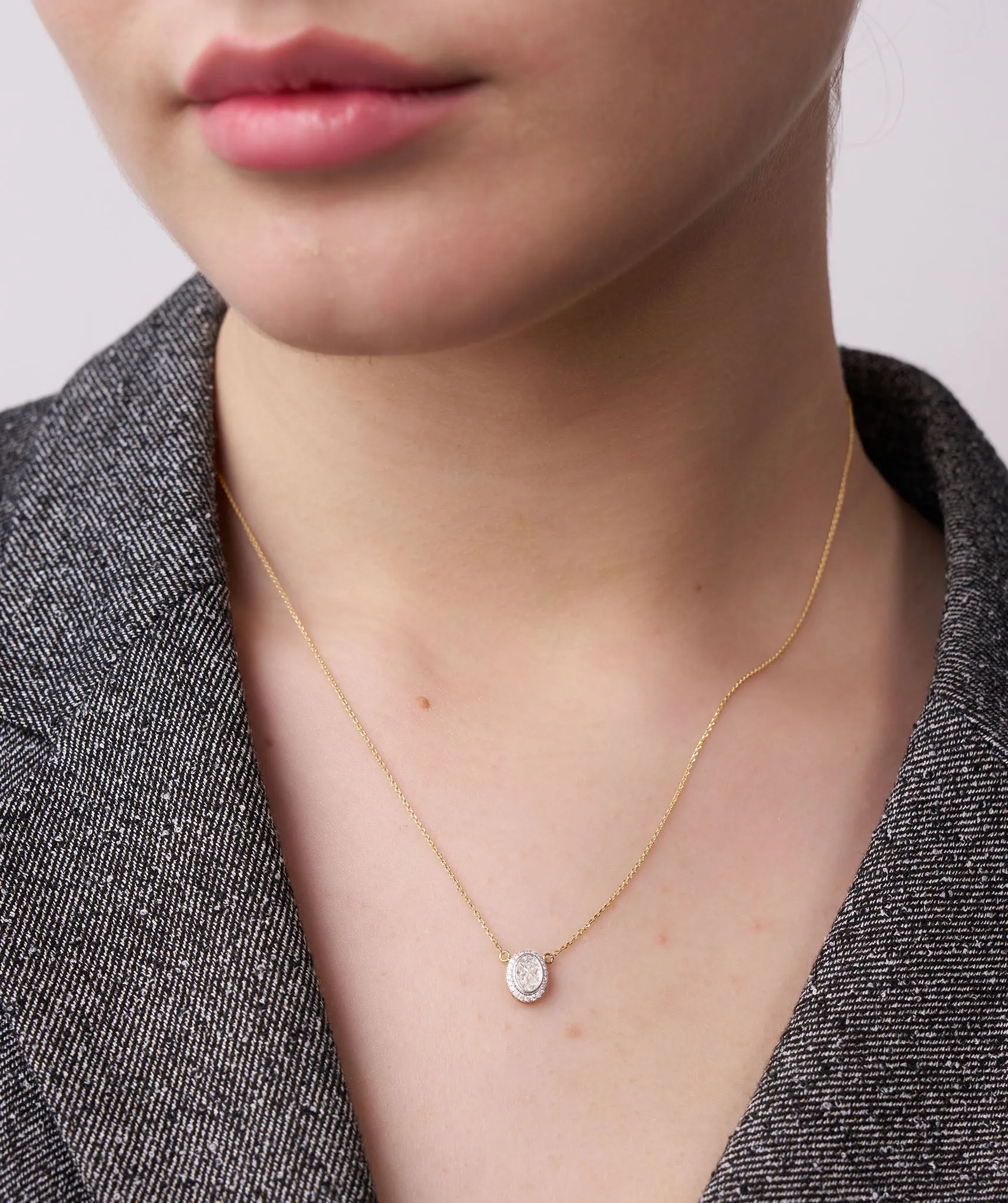 14K Gold Diamond Oval Halo Necklace