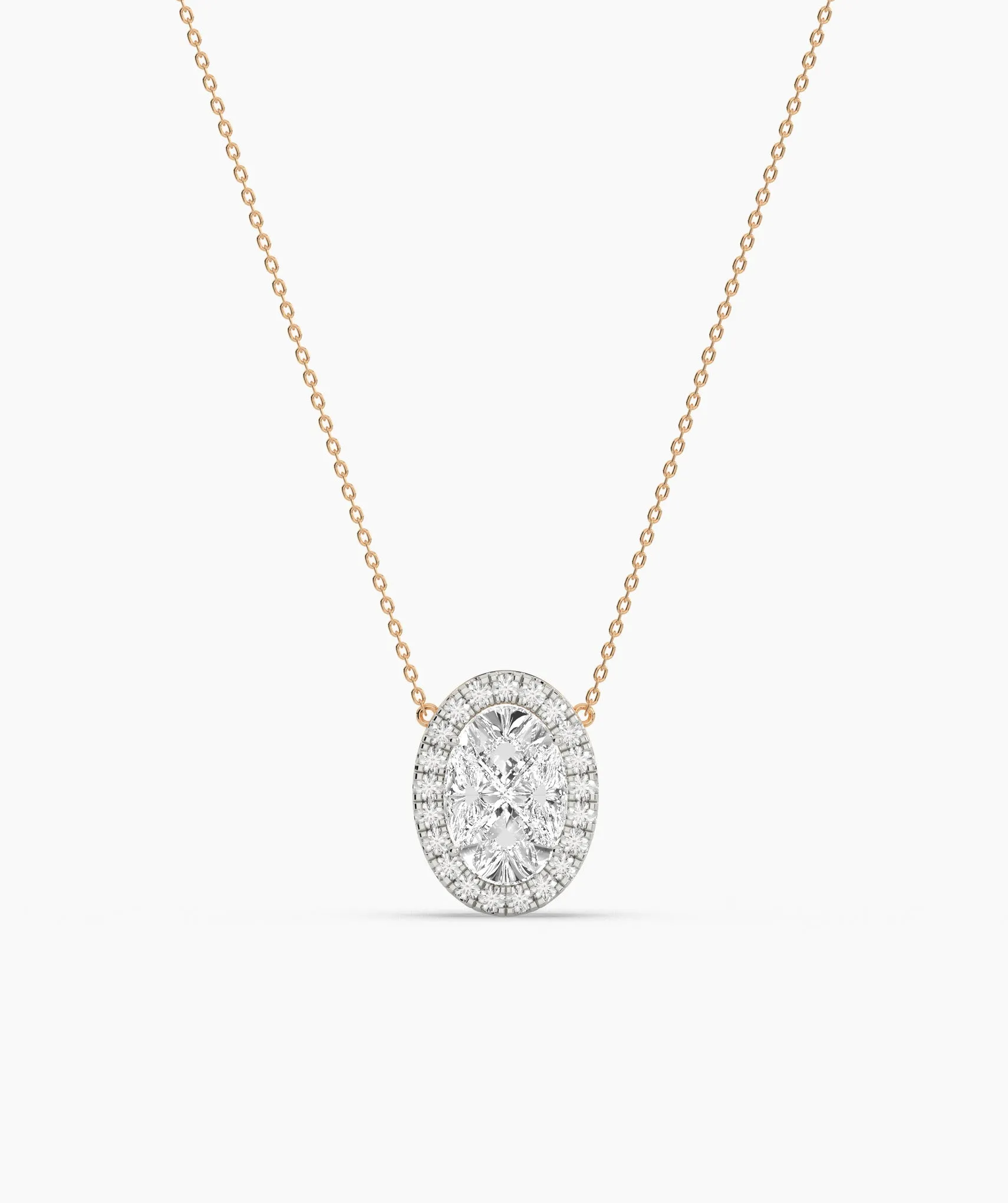 14K Gold Diamond Oval Halo Necklace