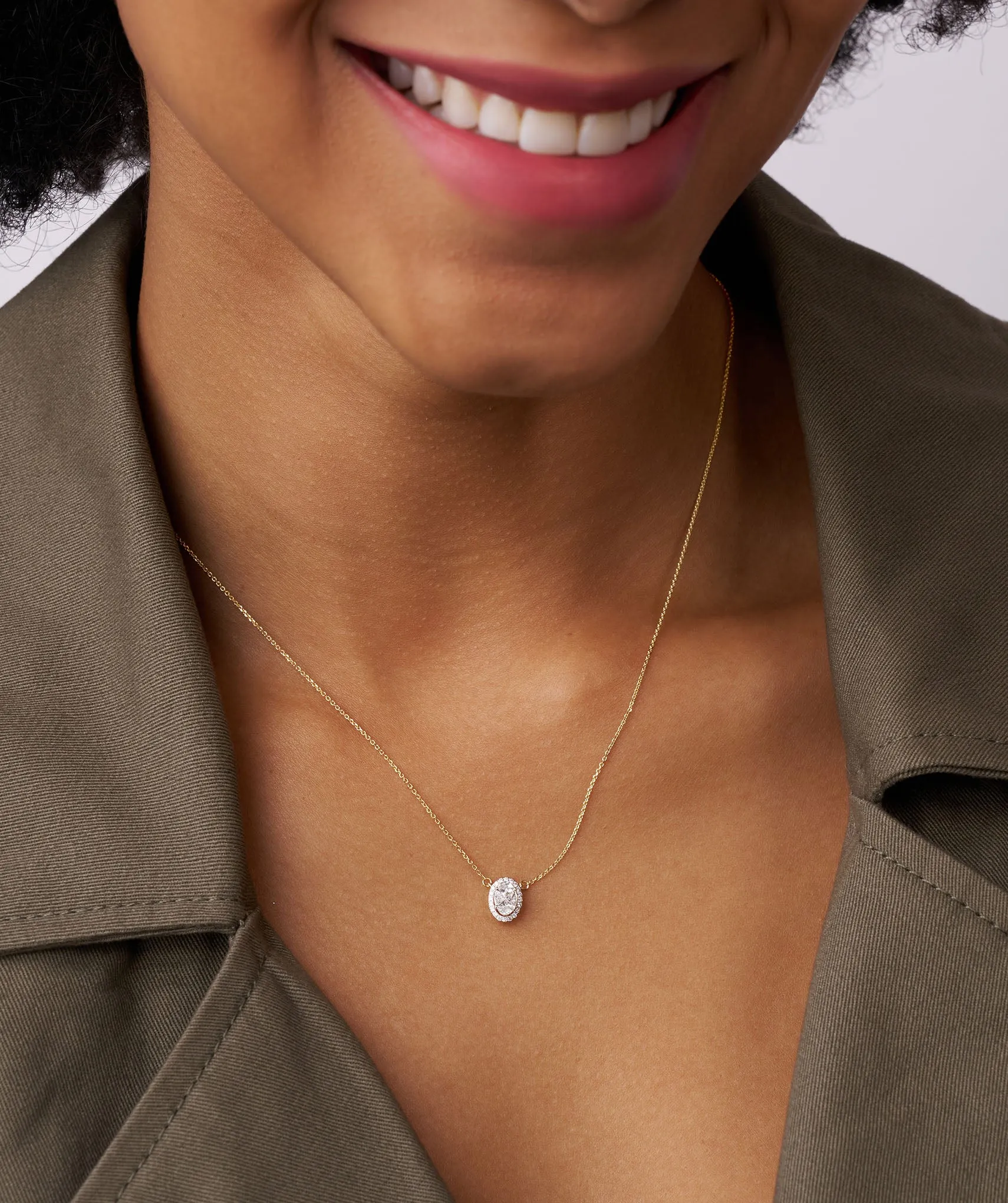 14K Gold Diamond Oval Halo Necklace