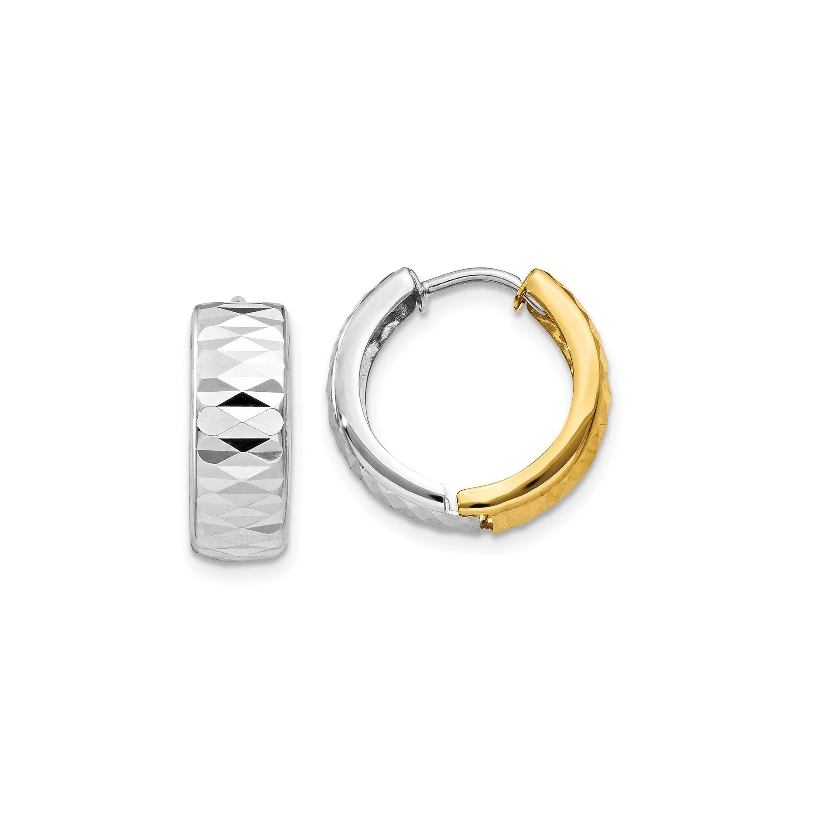 14k Gold Two-Tone 14.5mm Reversible Textured Hinged Hoop Earrings
