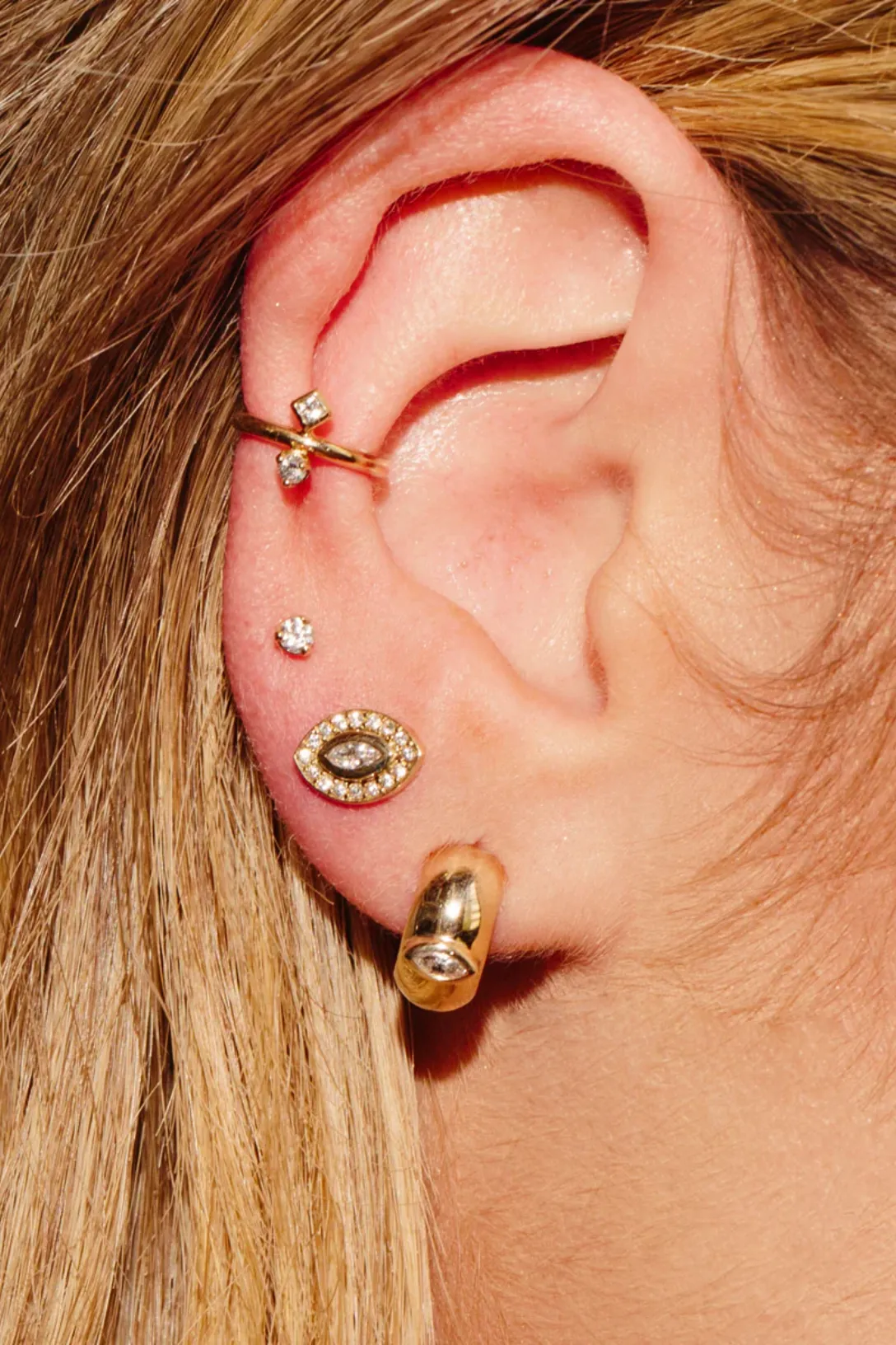 14k Marquise Diamond Wide Chubby Huggie Hoops