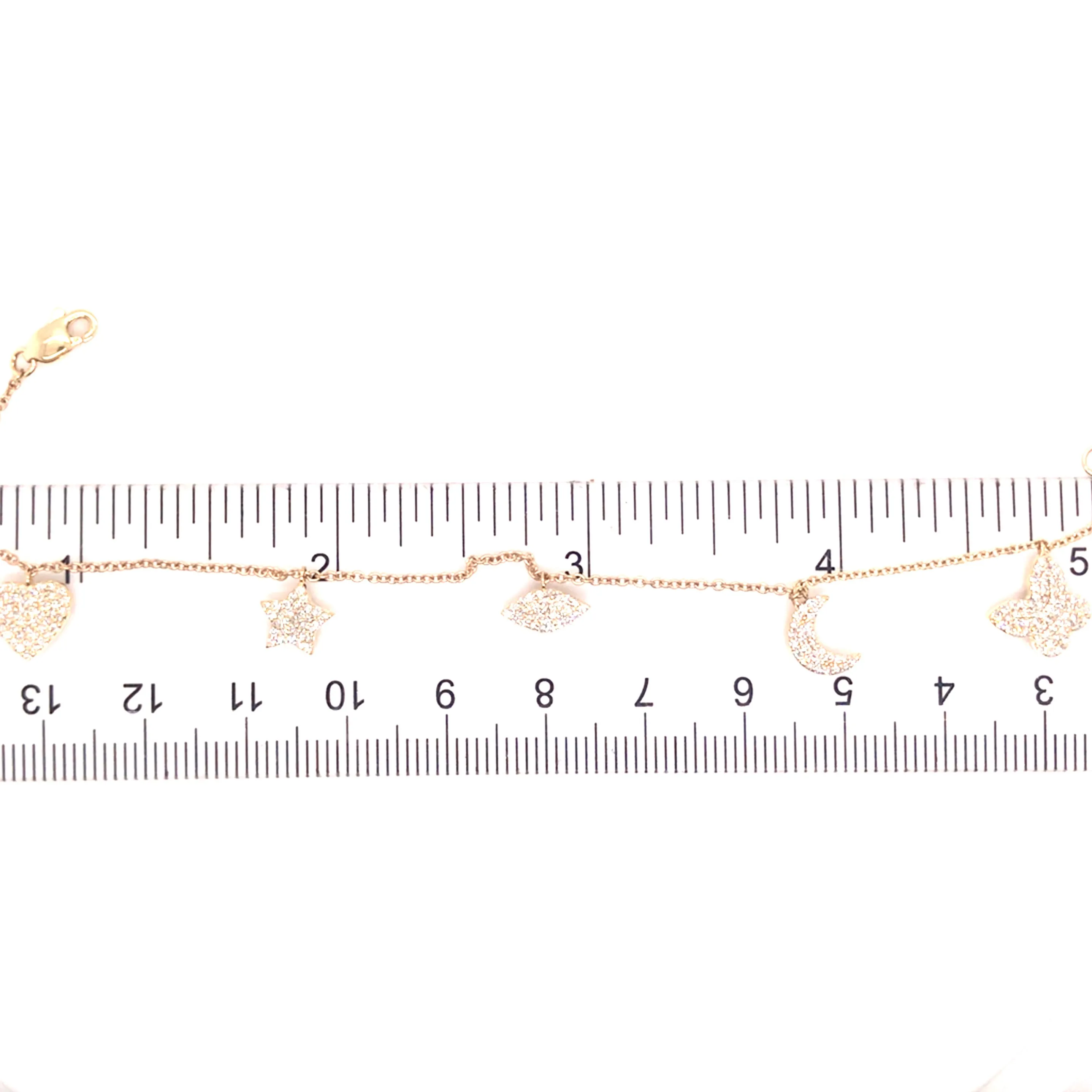 14K Pave Heart, Star, Marquise, Moon and Butterfly Charm Bracelet Yellow Gold