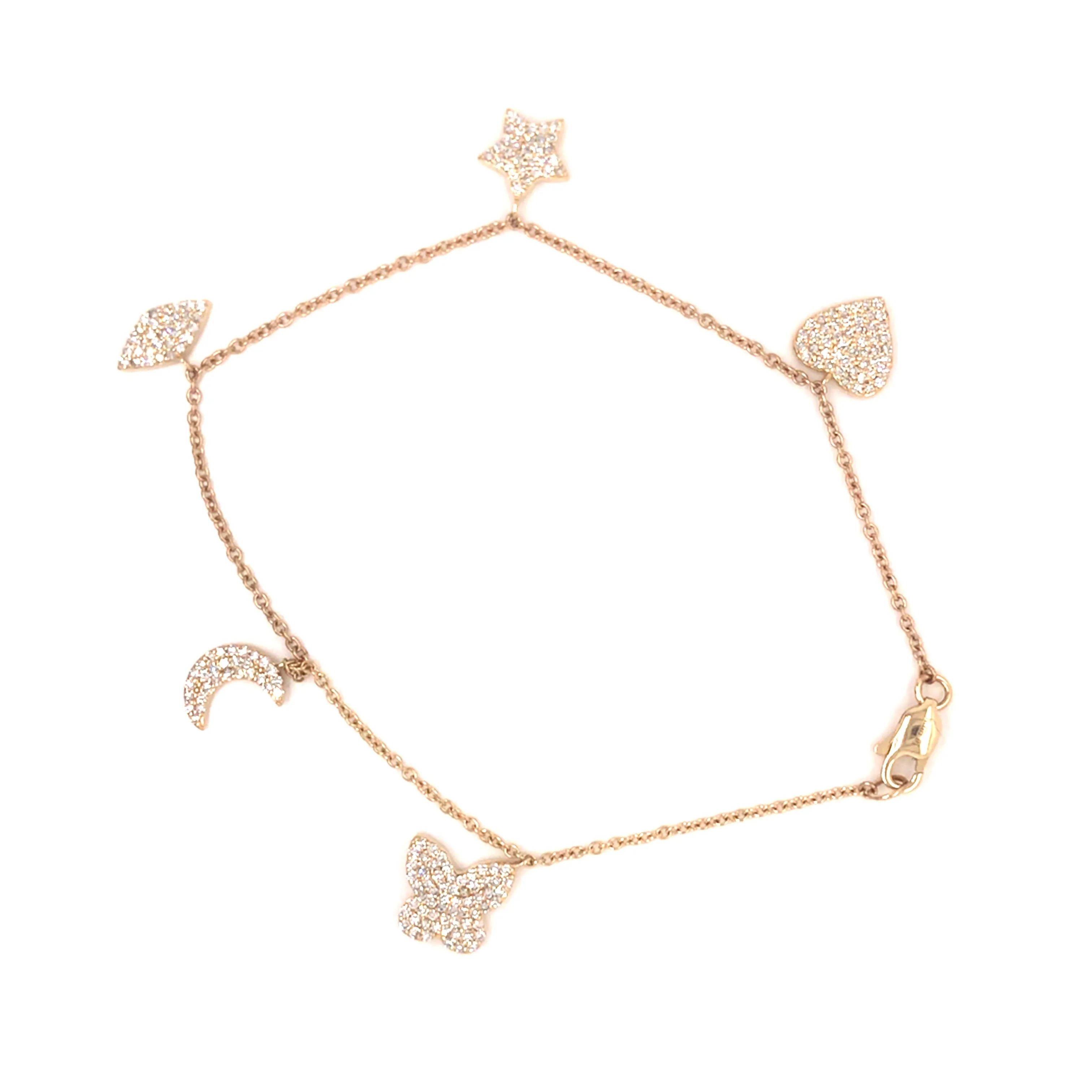 14K Pave Heart, Star, Marquise, Moon and Butterfly Charm Bracelet Yellow Gold