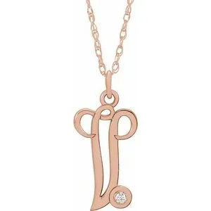 14K Rose .02 CT Diamond Script Initial V 16-18" Necklace