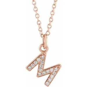 14K Rose .06 CTW Natural Diamond Petite Initial M 16-18" Necklace