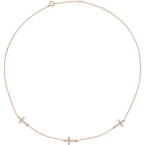 14K Rose 1/4 CTW Diamond 3-Station Cross Adjustable 16-18” Necklace