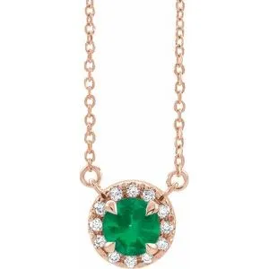 14K Rose 6.5 mm Lab-Grown Emerald 1/6 CTW Natural Diamond 18" Necklace