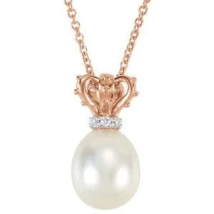 14K Rose & White Freshwater Cultured Pearl & .015 CTW Diamond Crown 18" Necklace