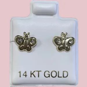 14K Solid Yellow Gold Butterfly Stud Earrings With Safety Backing