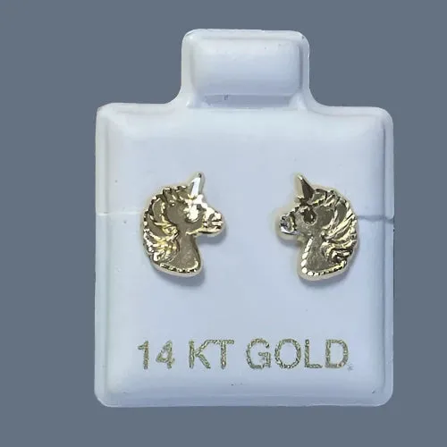 14K Solid Yellow Gold Unicorn Stud Earrings With Safety Backing