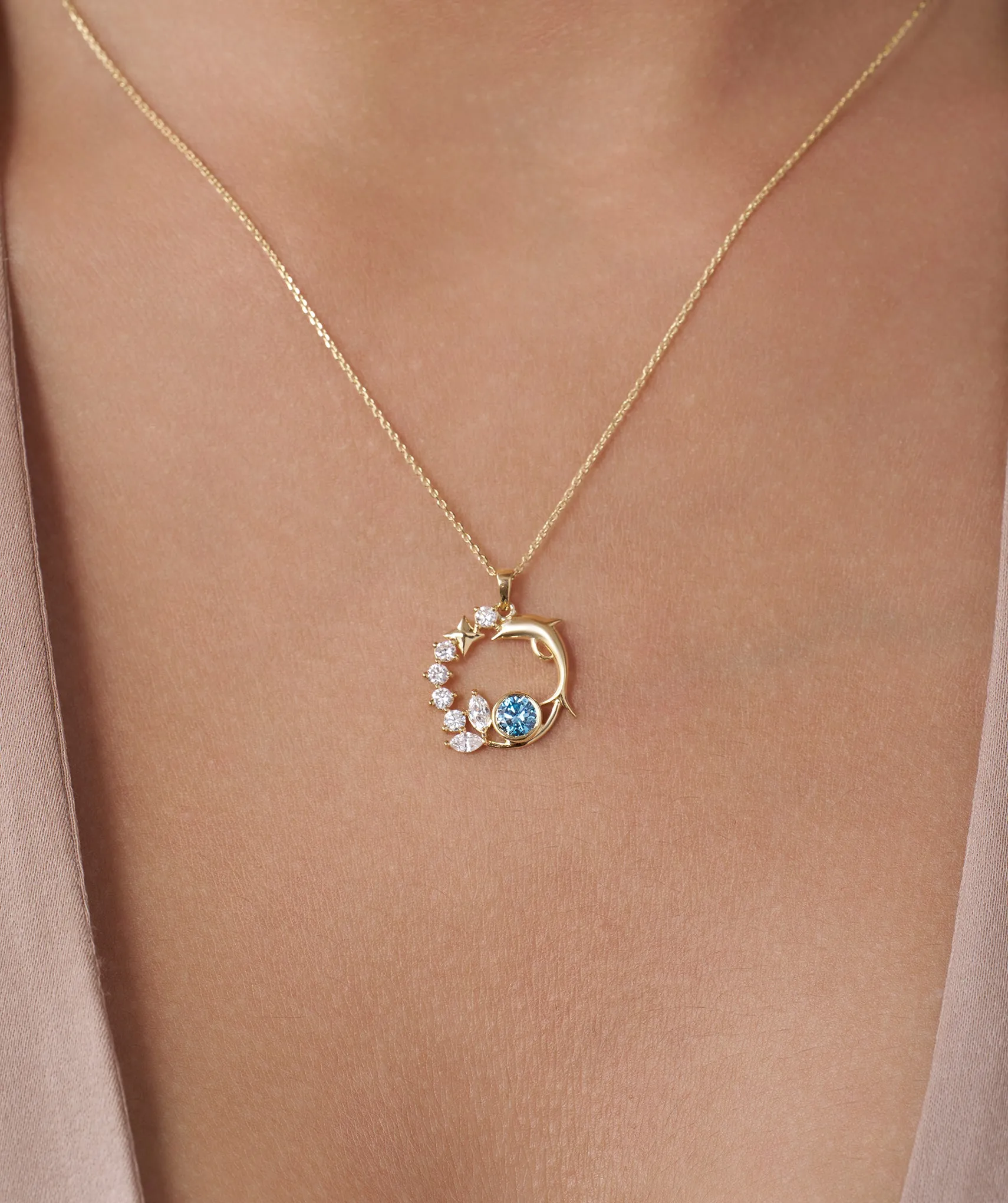 14K Starry Ocean Dolphin Pendant