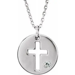 14K White .03 CTW Diamond Pierced Cross Disc 16-18" Necklace
