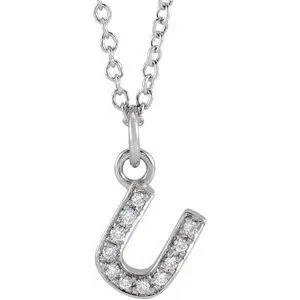 14K White .04 CTW Natural Diamond Petite Initial U 16-18" Necklace