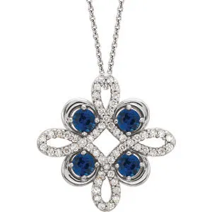 14K White Chatham® Created Blue Sapphire & 1/6 CTW Diamond Clover 18" Necklace