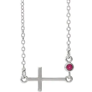 14K White Chatham® Created Ruby Sideways Accented Cross 16-18" Necklace