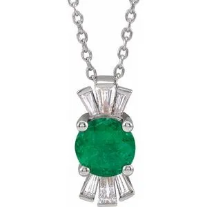 14K White Chatham® Lab-Created Emerald & 1/6 CTW Diamond 16-18" Necklace