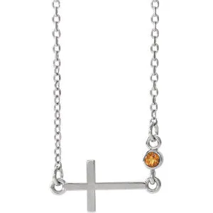 14K White Citrine Sideways Accented Cross 16-18" Necklace
