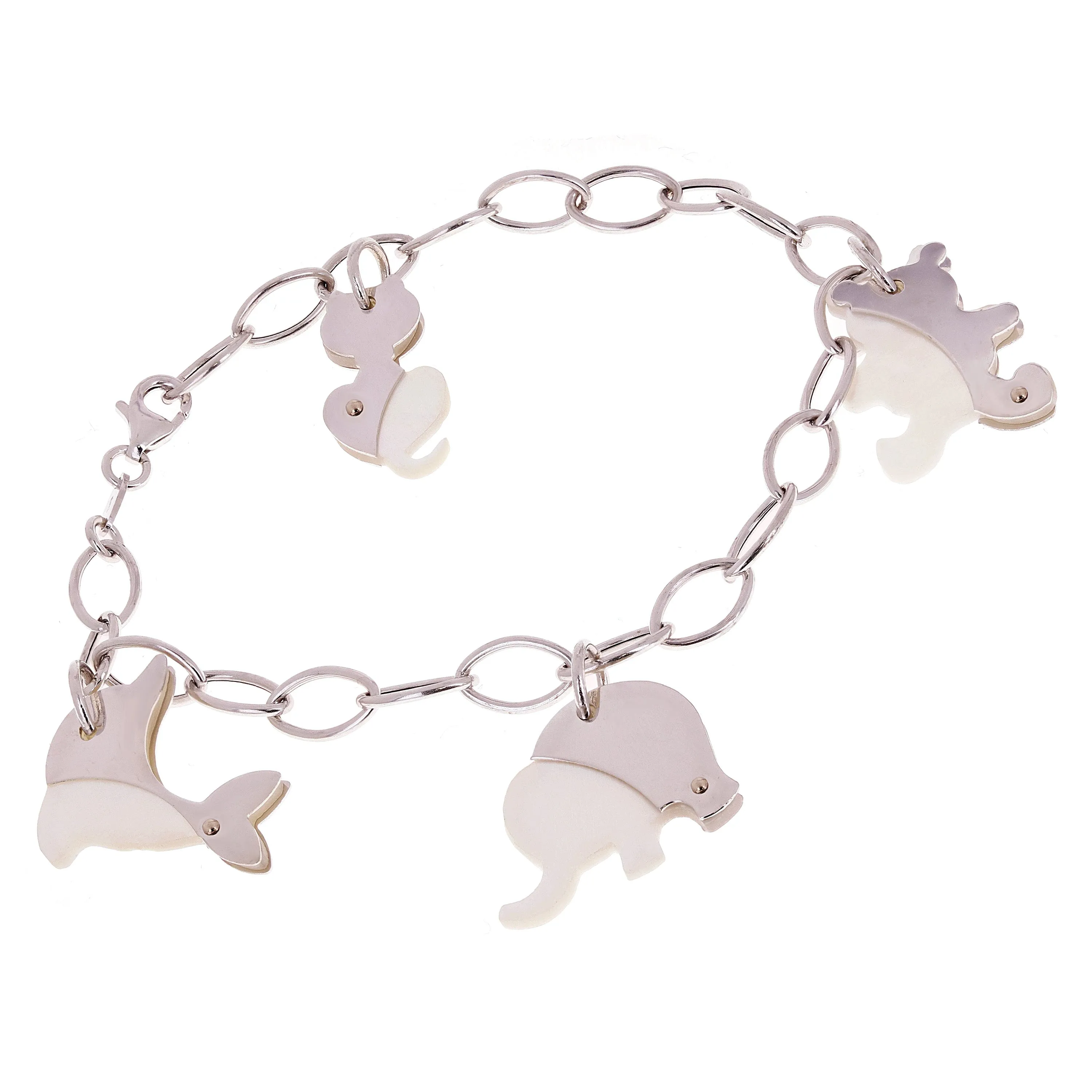 14k White Gold Mother of Pearl Charm Bracelet 7.5" in 2 Designs