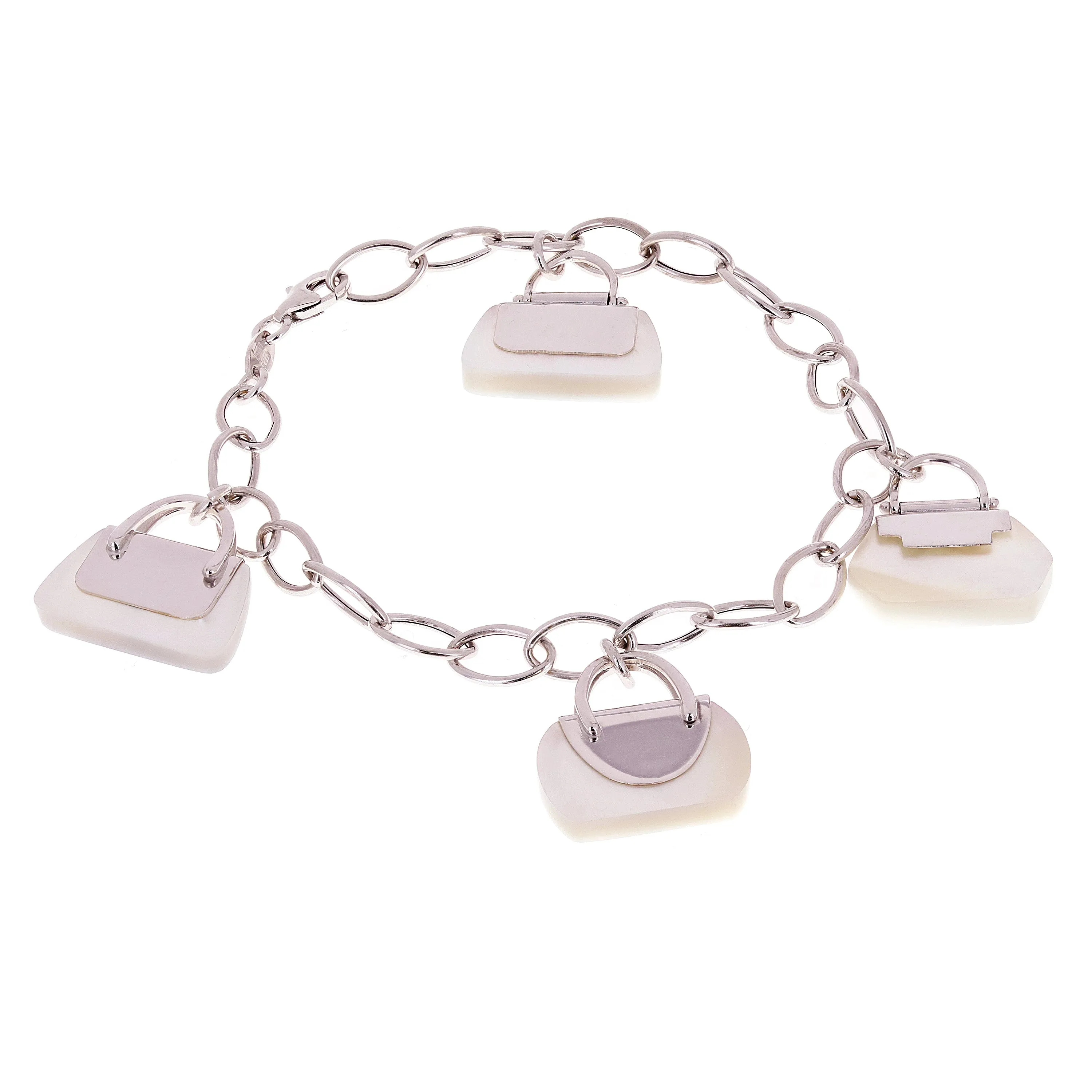 14k White Gold Mother of Pearl Charm Bracelet 7.5" in 2 Designs