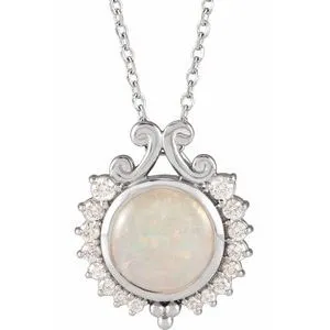 14K White Natural White Opal & 1/6 CTW Natural Diamond   16-18" Necklace