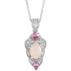 14K White Opal, Pink Sapphire & 1/10 CTW Diamond Vintage-Inspired 16-18" Necklace
