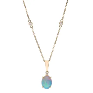 14k Yellow Gold Oval Cut Opal and Diamond Accented Necklace